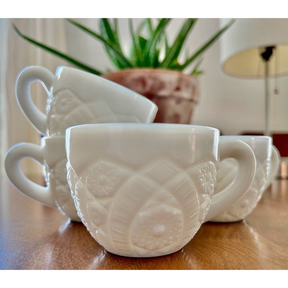 McKee diamond pressed milk glass tea cups mugs mid century punch set of 4